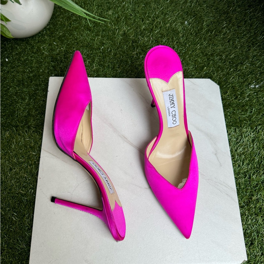 Jimmy Choo Hot Pink Satin stiletto mules, crystal embellishments 39